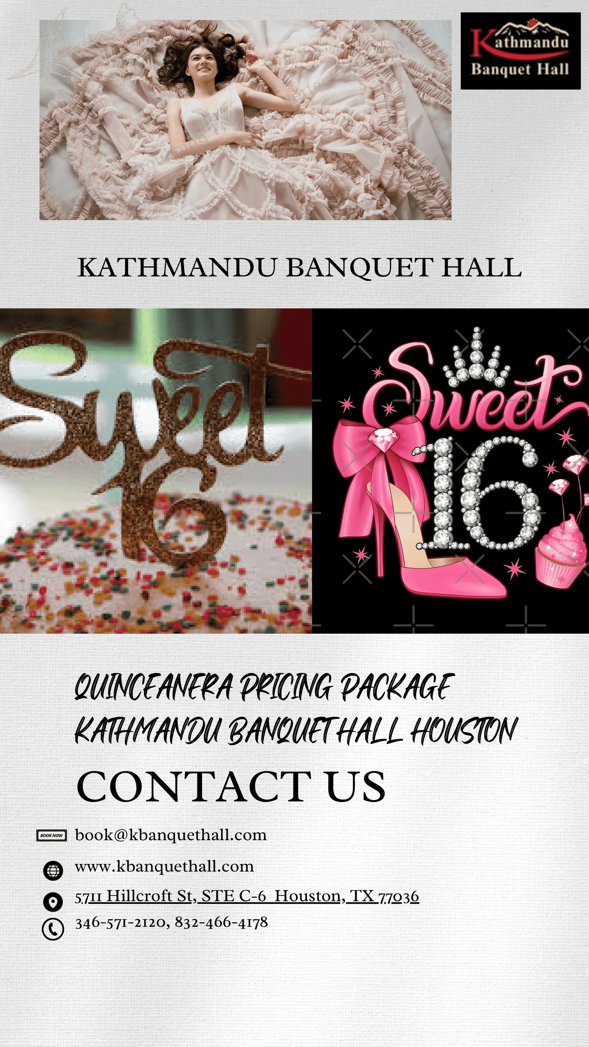 Kathmandu Banquet Hall offers quinceañera packages with contact details and sweet 16 decor.