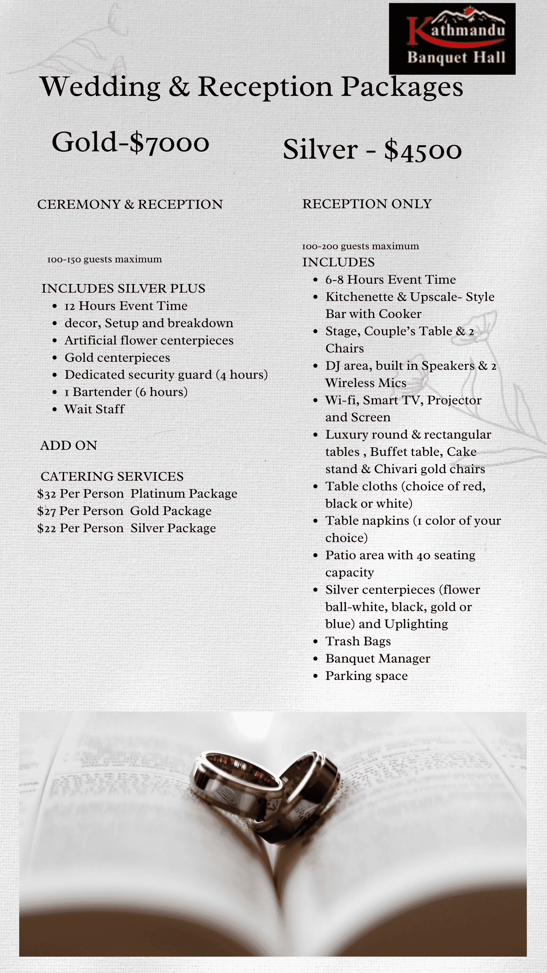 Wedding packages: Gold $7000, Silver $4500. Services include catering, security, DJ, and more.