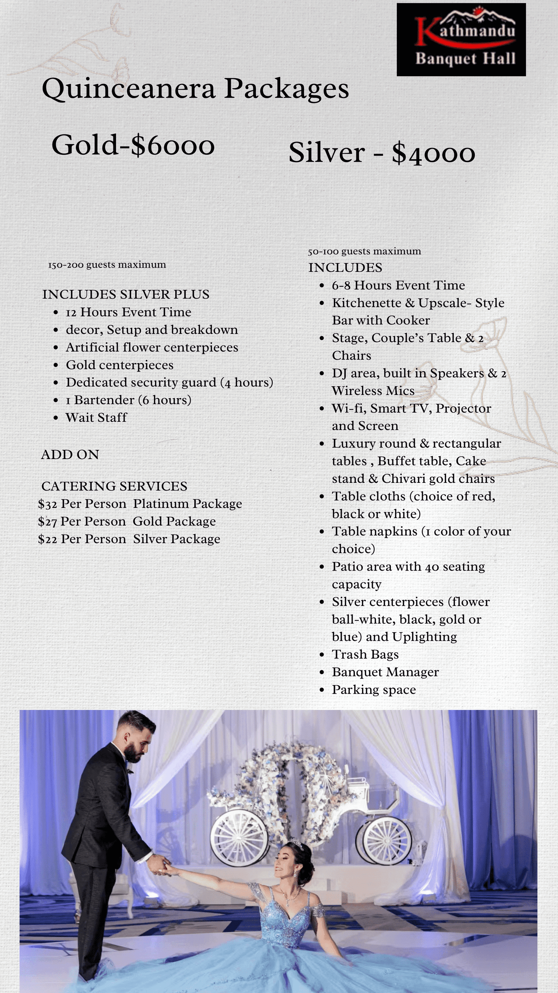 Quinceañera packages flyer with prices, venues, services, and contact details.