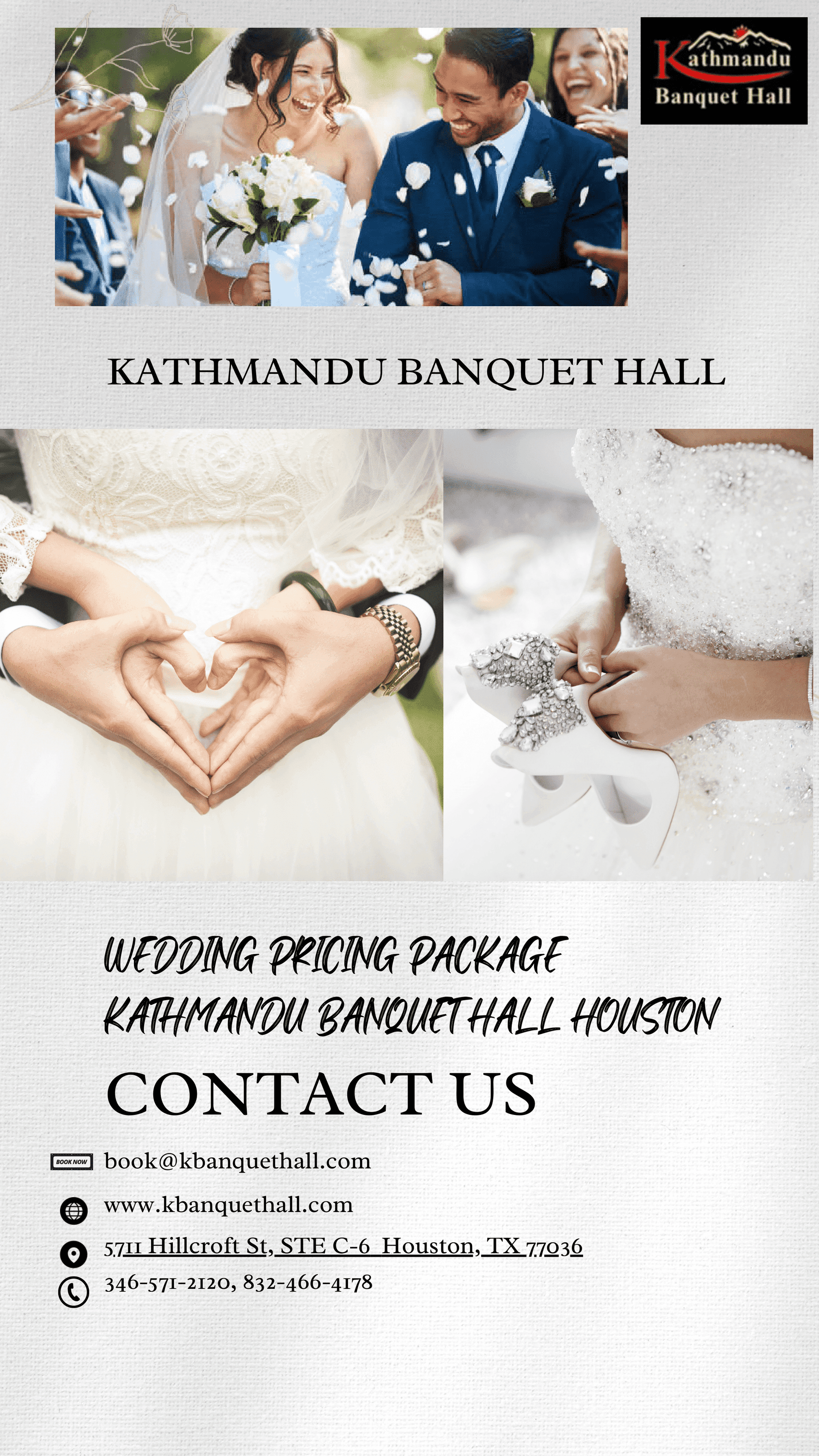 Kathmandu Banquet Hall wedding pricing package info with contact details in Houston.